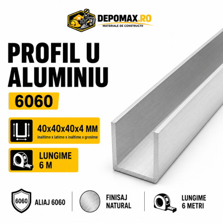 Profil U aluminiu 40 x 40 x 40 x 4 mm, 6 metri